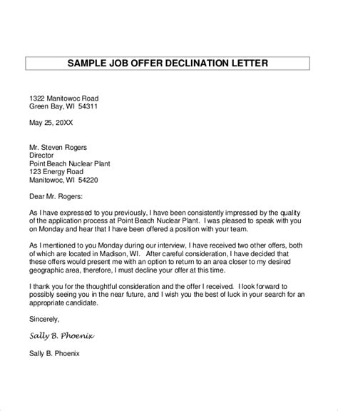 job offer decline letter