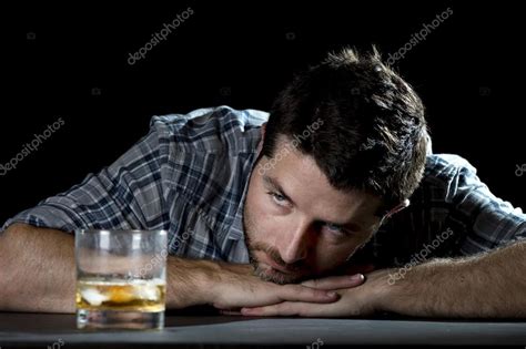 Alcoholic Addict Man Drunk With Whiskey Glass In Alcoholism Concept