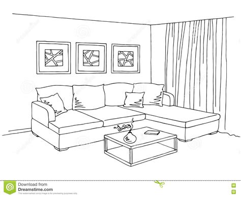 living room interior graphic black white sketch illustration stock