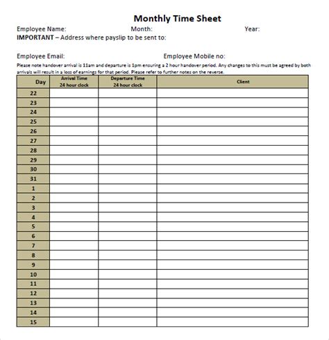 monthly timesheet template   samples examples format