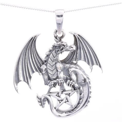 Dragon And Pentagram Silver Pendant And Chain Polkadot Stripes