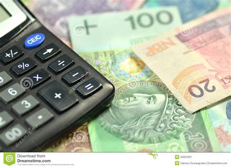 polish zloty banknotes  calculator stock image image  closeup capital