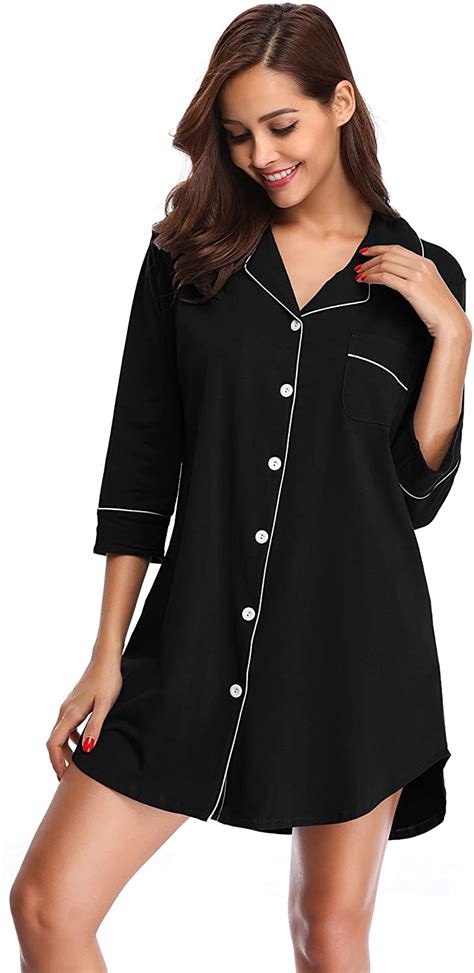 Shekini Womens Long Sleeve Sleep Shirt Nightgown Button Down Lapel