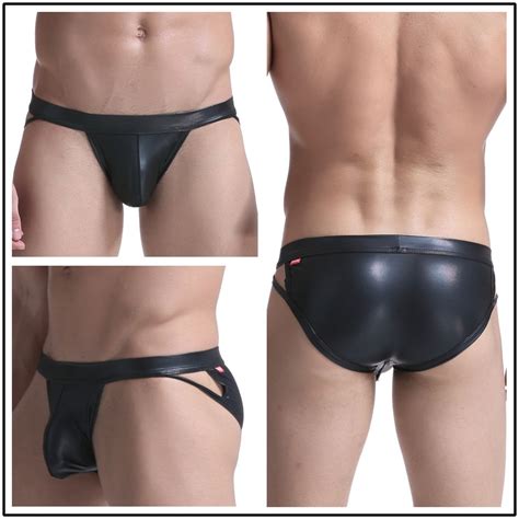 sexy gay underwear men briefs shorts black faux leather panties man low