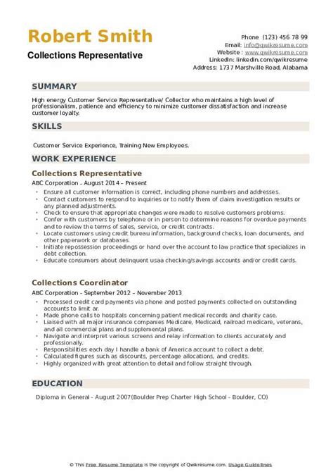 collections representative resume samples qwikresume