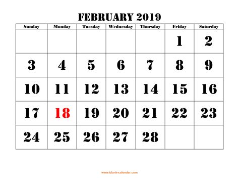 Free Download Printable February 2019 Calendar Large Font Design