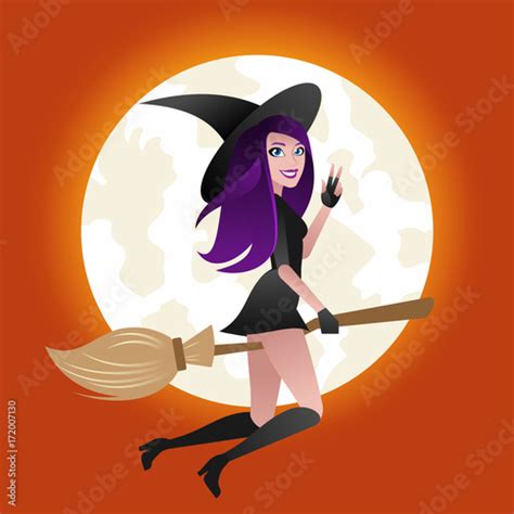 Halloween Concept Sexy Witch Flying On Broom At Full Moon Light