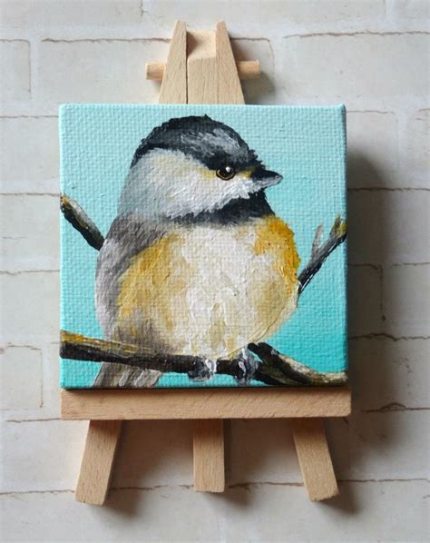 chickadee painting mini canvas easel mini bird artwork original chickadee canvas art  bird