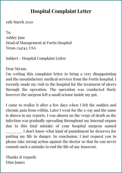 hospital complaint letter template sample  examples