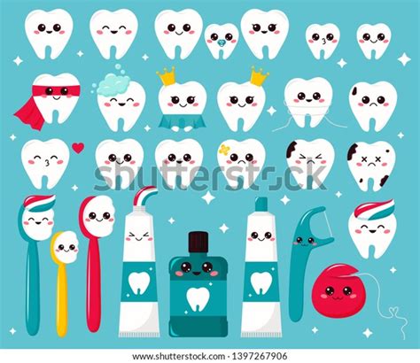 vector set kawaii teeth toothbrushes toothpaste stock vector royalty