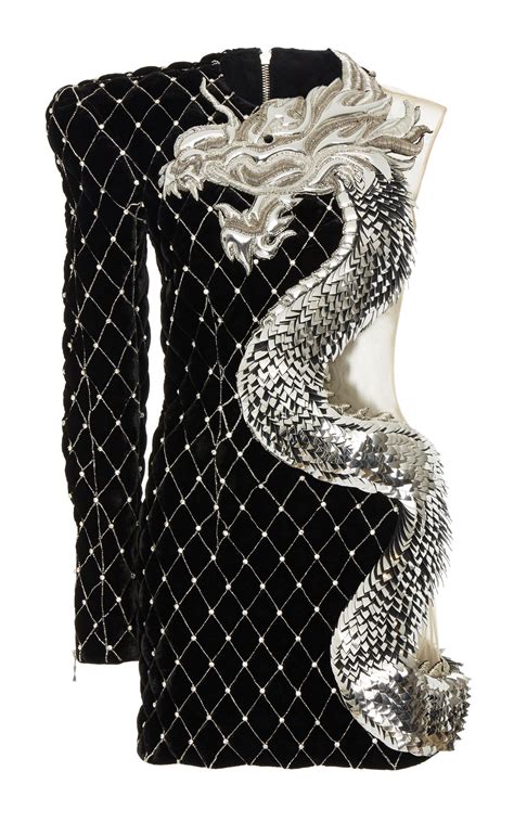 balmain dragon embroidered velvet dress in black lyst