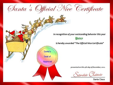 santa nice list certificates  printable santas official nice