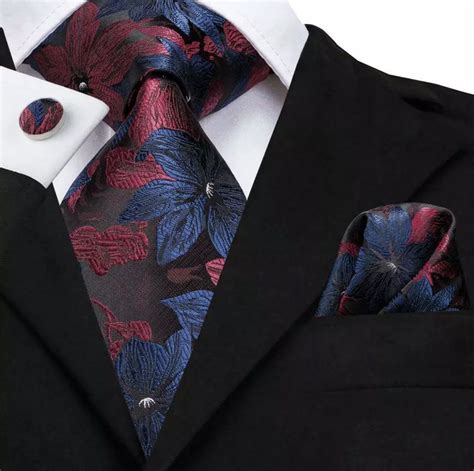 extra long mens silk coordinated tie set burgundy blue black floral tie  pocket square
