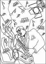 Coloring Pages Adults Musician Saxophone Music Zen Stress Playing Anti Jazz Projector Illuminated Stage Light Justcolor sketch template