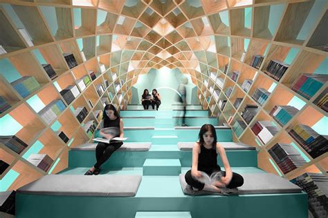 visual perspective  unique library design bookshelves