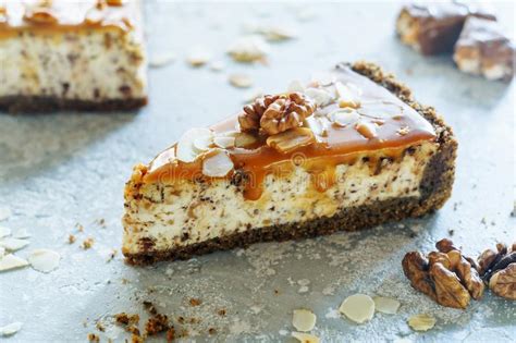 Homemade Caramel And Walnut Cheesecake Closeup Stock Image