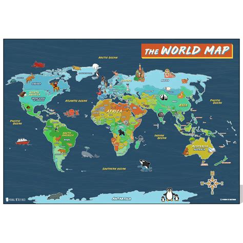 illustrated world map poster  kids laminated young  refined