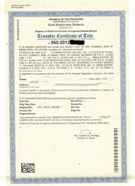 sample transfer certificate  title   parcel  land rbv real