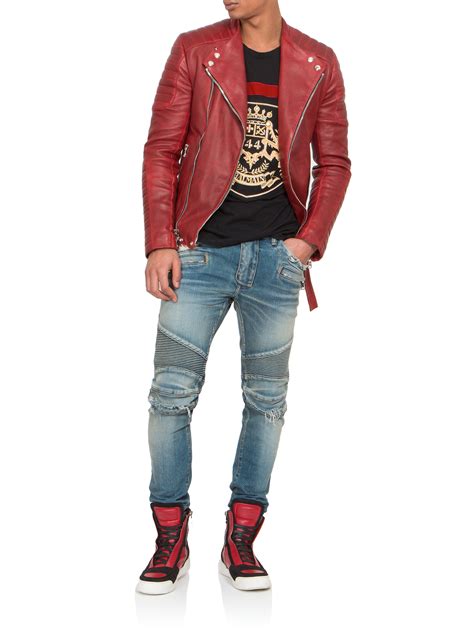 Lyst Balmain Quilted Leather Biker Jacket In Red For Men