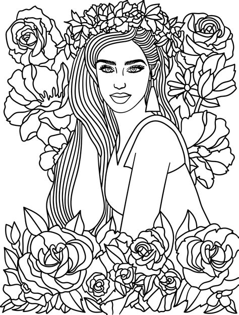 cute flower girl coloring page  adults  vector art  vecteezy