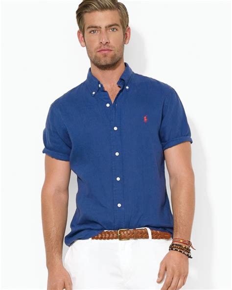 lyst ralph lauren polo custom short sleeved oxford button  shirt slim fit  blue  men