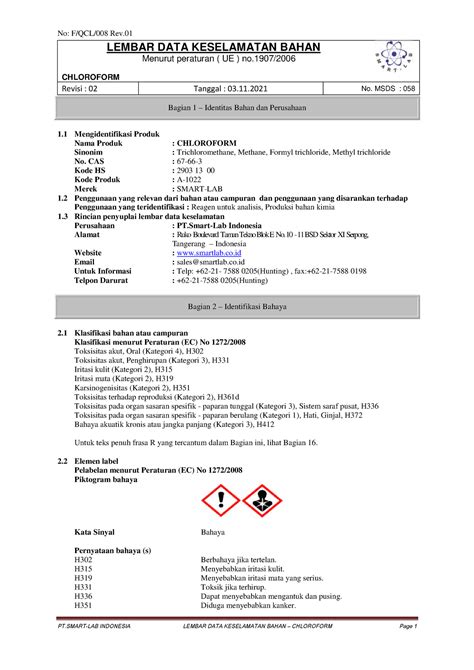 msds chloroform indo lembar data keselamatan bahan menurut peraturan ue  chloroform