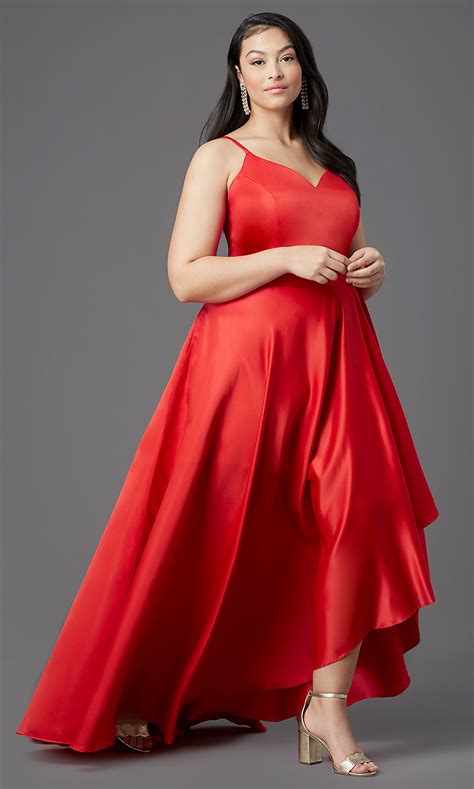 Plus Size High Low Red Satin Prom Dress