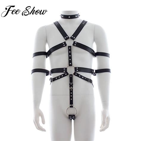 feeshow sexy men hombre leather full body harness restraint set