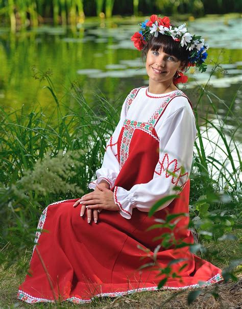 Russian National Costume Sarafan Red Long Dress White Russian Blouse