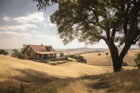 premium ai image ranch house  view  rolling hills  farmland lined  trees