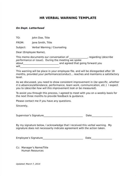verbal warning follow  letter templates  samples examples