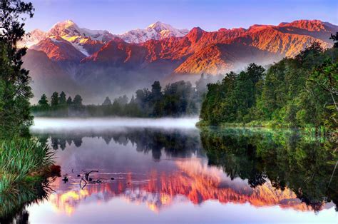 south island  zealand landscape reflection river forest fog mist high resolution images hd