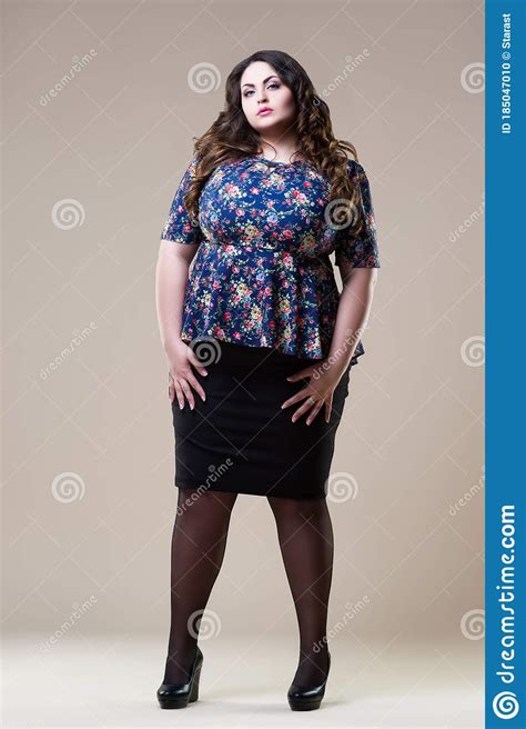 Plus Size Model In Casual Clothes Fat Woman On Beige