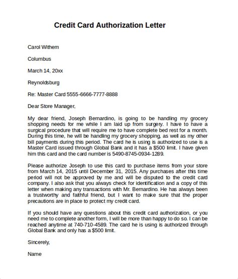 sample credit card authorization letter templates