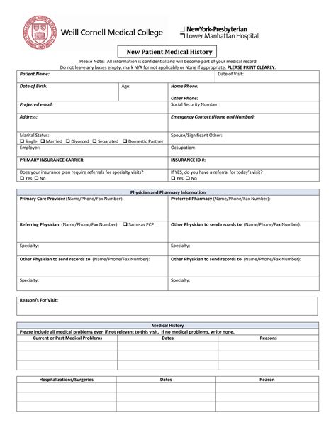 printable patient medical history form template printable forms