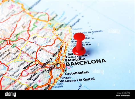 close   barcelona spain map  red pin travel concept stock photo alamy