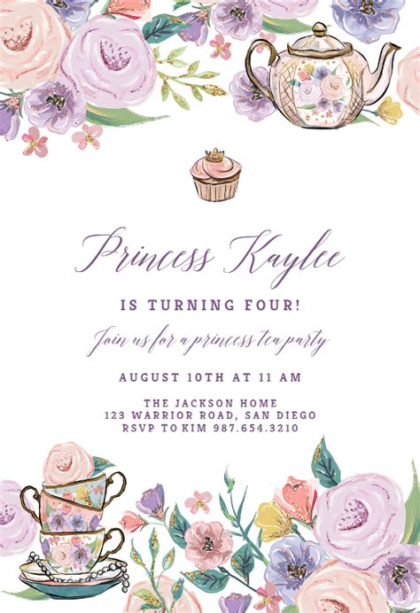princess tea party birthday invitation template  island