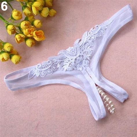 Women Sexy Crotchless Faux Pearl Decor Thong Panties Open Crotch