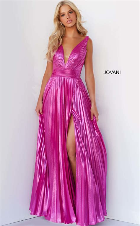 Jovani 06220 Hot Pink Plunging Neckline Metallic Prom Gown