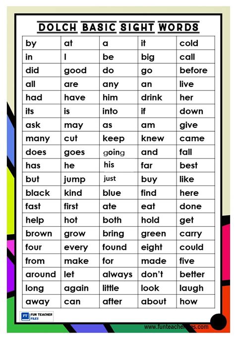dolch basic sight word list fun teacher files