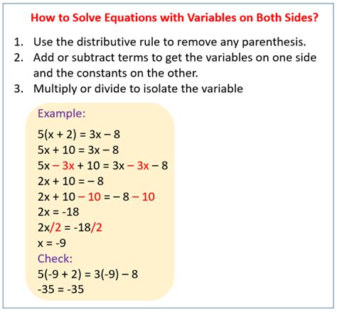 solving equations  variables   sides solutions examples