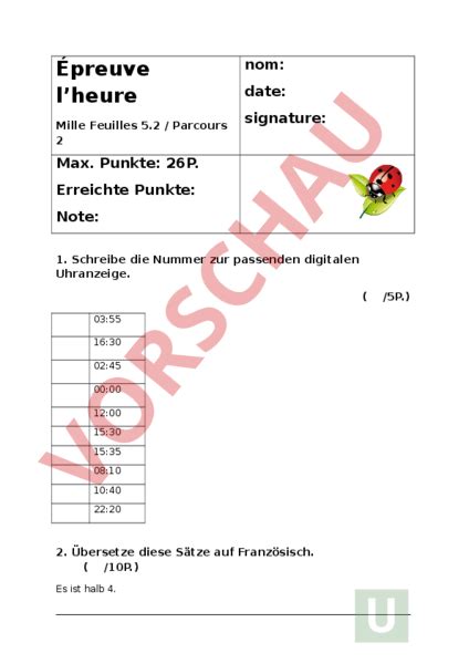 arbeitsblatt pruefung uhrzeit mille feuille