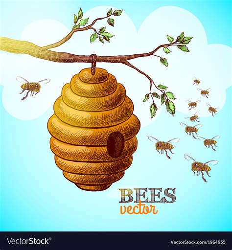 Honey Bees And Hive On Tree Branch Background Vector Image