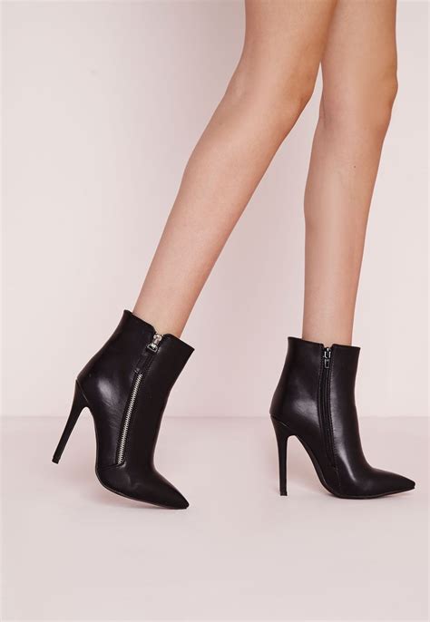 missguided zip side detail heeled ankle boot black heels silver ankle boots black heeled