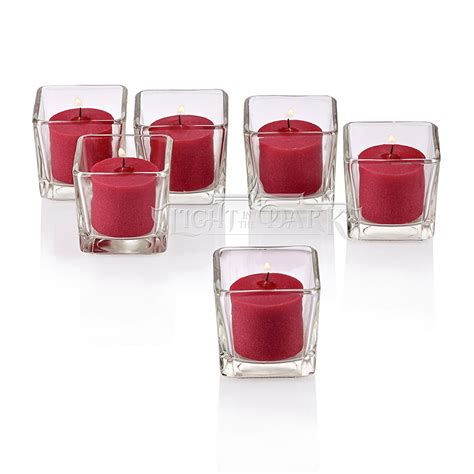 Clear Glass Square Votive Candle Holders With Red Votive Candles Burn