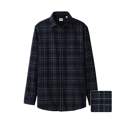 uniqlo flannel check long sleeve shirt in green for men dark green lyst