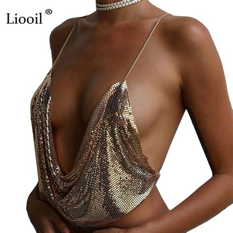 Buy Liooil Sexy Gold Backless Halter Crop Top Silver