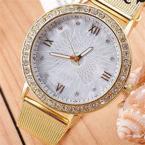 fashion  lady watches women elegant quartz  crystal rhinestone golden color wristwatch