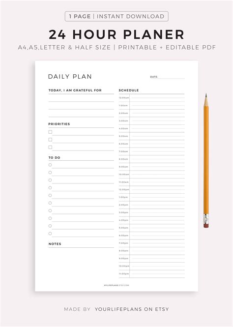 hour daily planner printable daily   list  work etsy