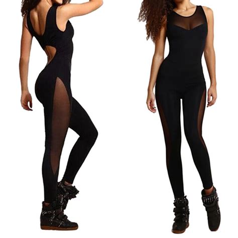 sexy super stretchy fitness jumpsuit women mesh hollow out backless
